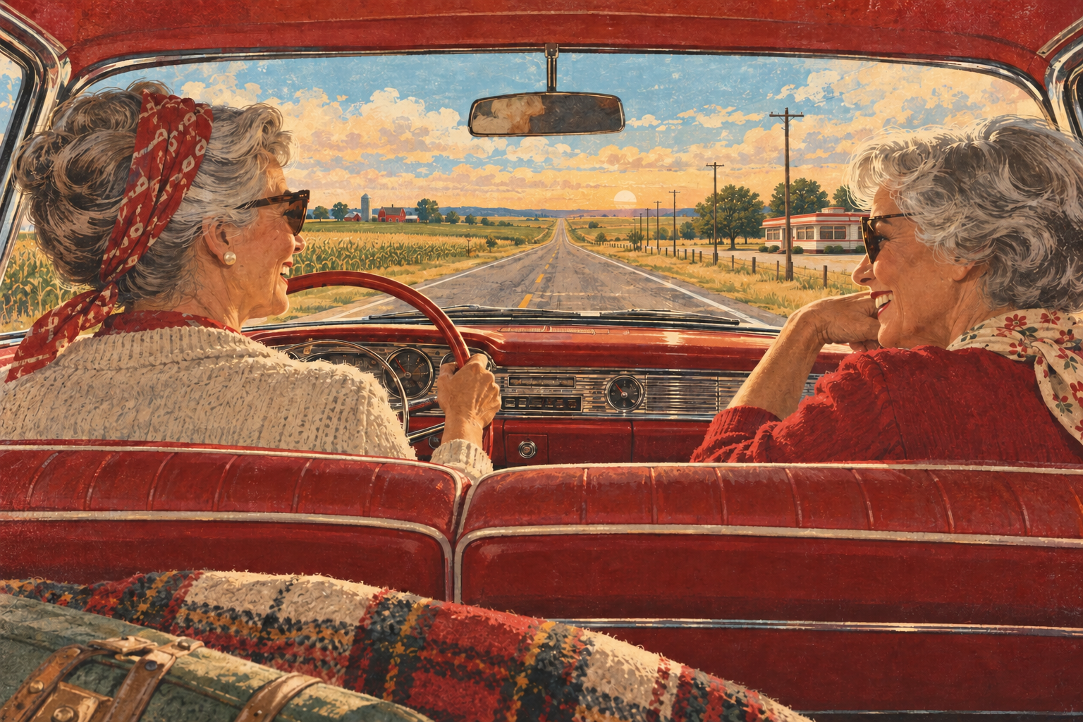 Two sisters enjoying an open-road trip through the Midwest